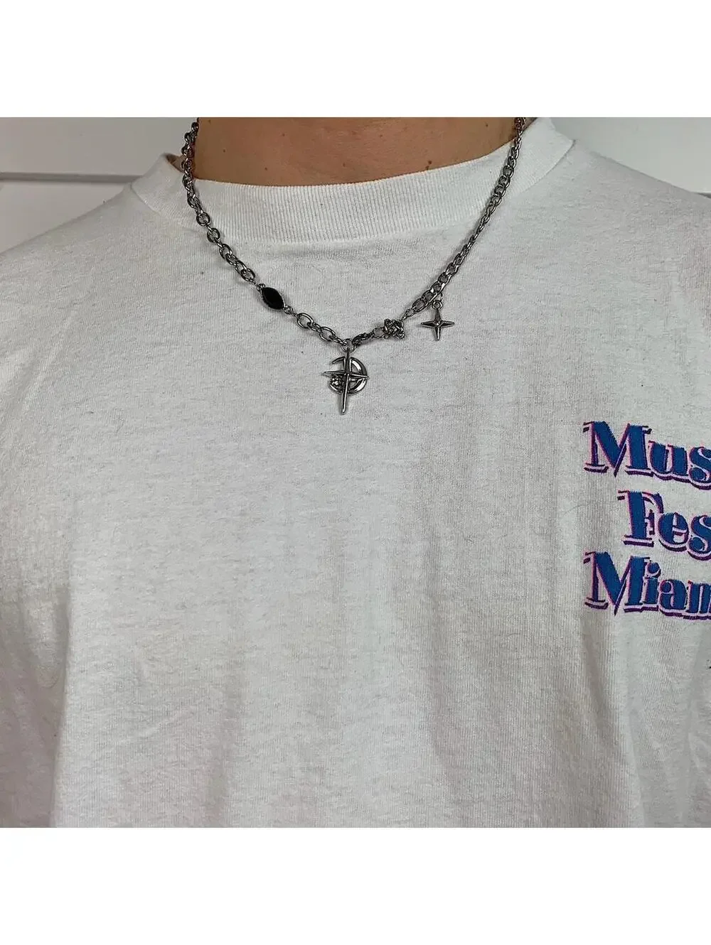 Cyber Y2k 2000s punk grunge crystal cross and opal pendant necklace chain. 20